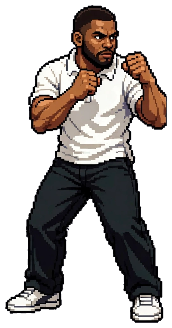Pixel-art full-body fighter version of Joshua Christie